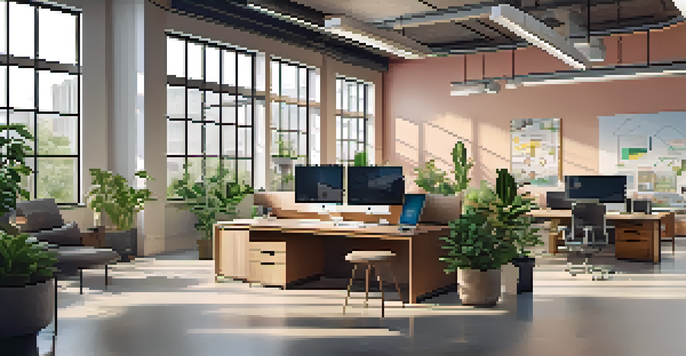 A bright and modern office with employees working at desks and collaborating via screens, surrounded by plants.