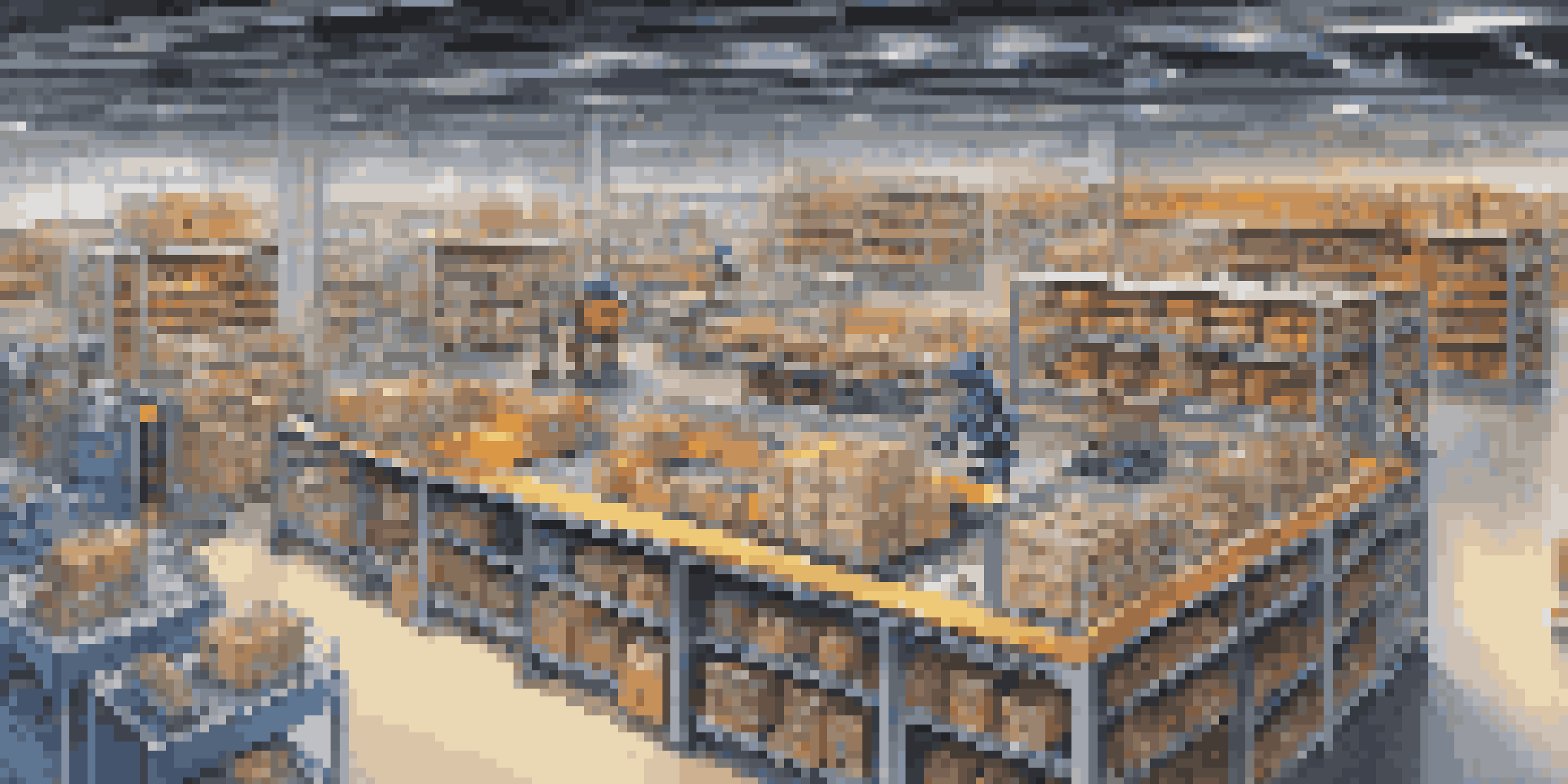A robotic warehouse with robots picking and packing items, bright lighting, and organized shelves.