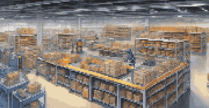 A robotic warehouse with robots picking and packing items, bright lighting, and organized shelves.
