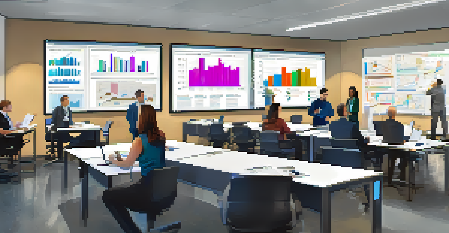 A diverse team in an office engaged in a crisis management training drill, surrounded by charts and digital screens, showing teamwork and determination.