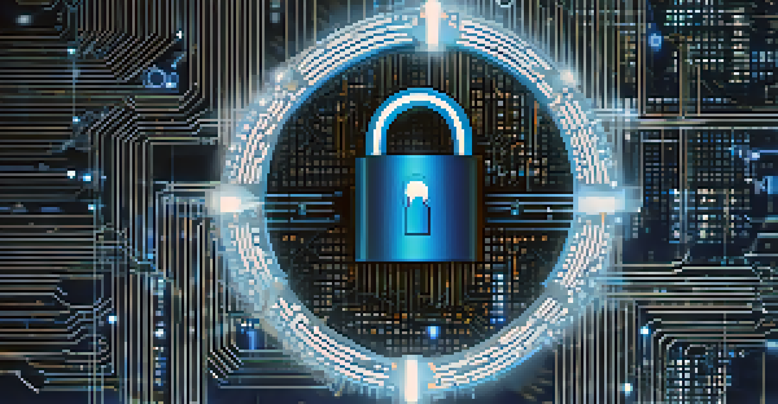 An abstract digital artwork showing a lock symbolizing cybersecurity, with a background of blue circuit patterns and binary code.