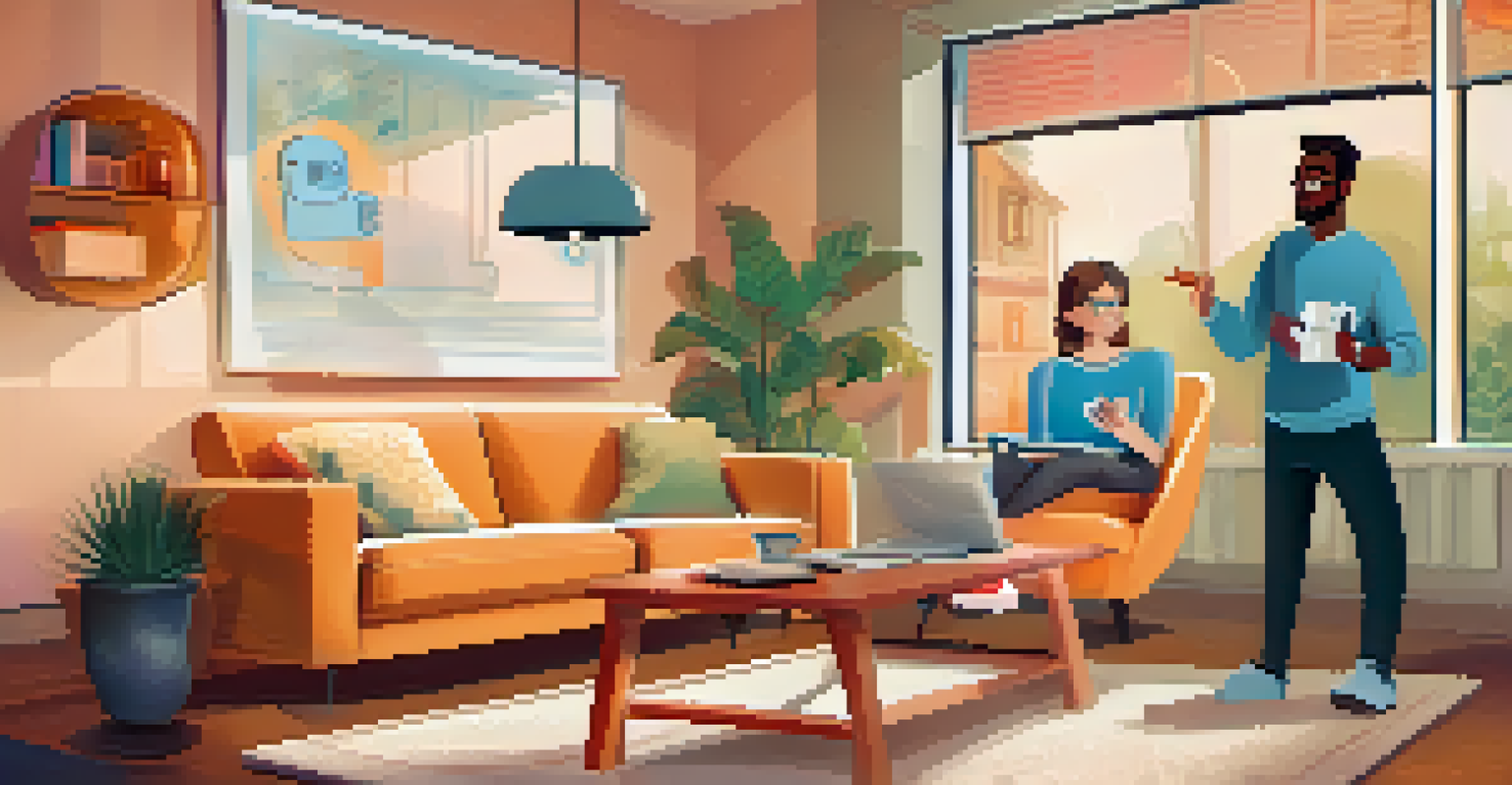 A friendly chatbot on a digital device helping a customer in a cozy home environment, with speech bubbles showing tips.