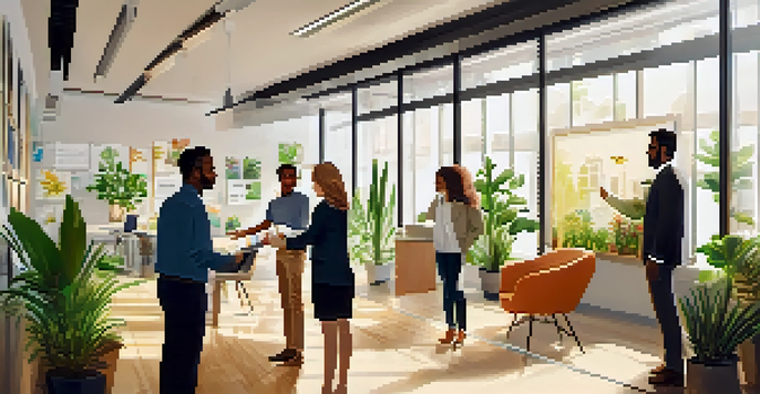 A welcoming office environment with a manager greeting new employees, surrounded by plants and light.