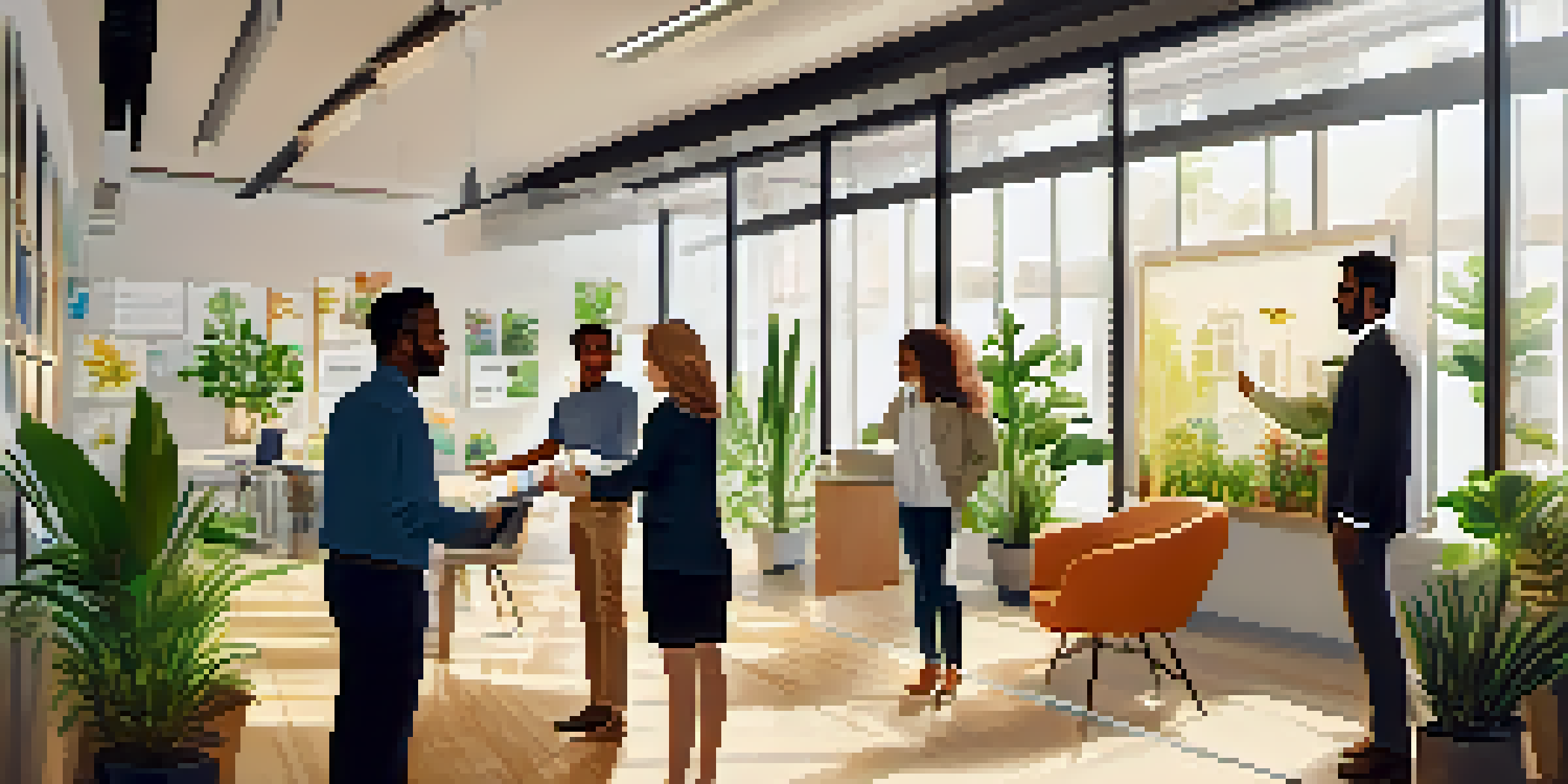 A welcoming office environment with a manager greeting new employees, surrounded by plants and light.