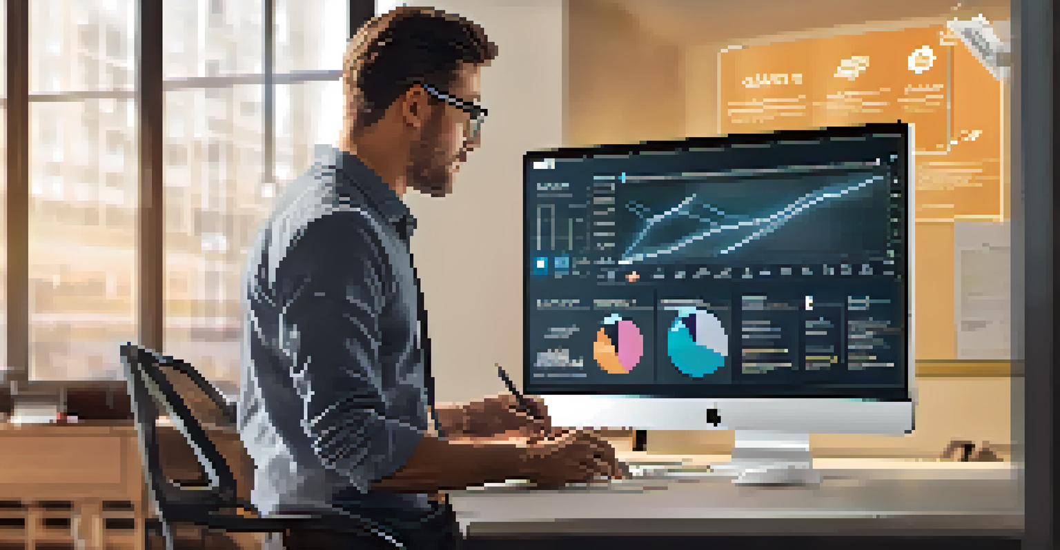 An employee analyzing training analytics on a computer screen, surrounded by a modern workspace with warm lighting and a motivational poster.