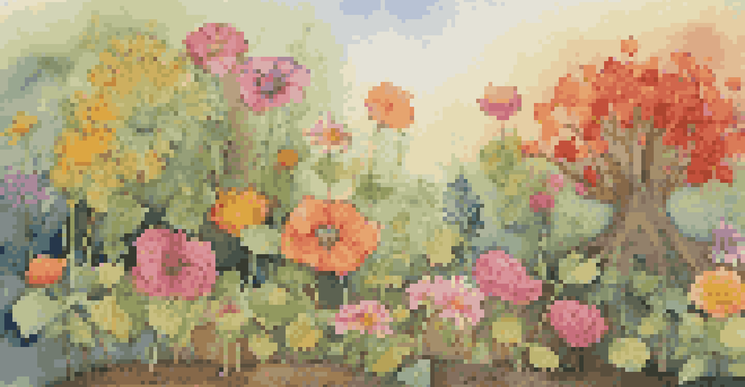 A garden full of blooming flowers, each representing a networking connection, with interconnected roots and sunlight filtering through leaves.