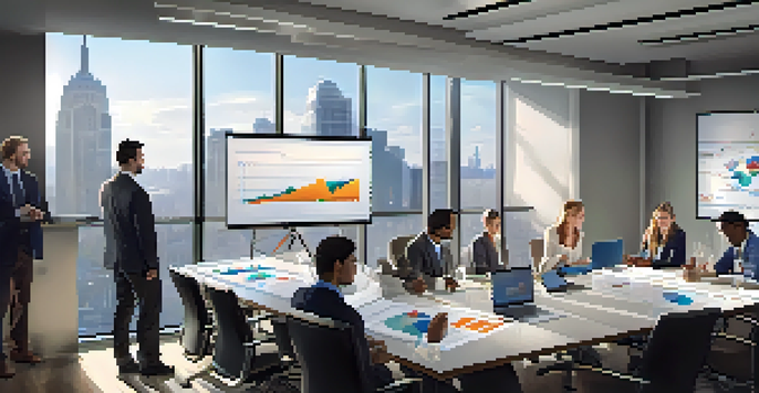 A diverse group of professionals in a bright office space discussing budget variance analysis with charts projected on a screen.