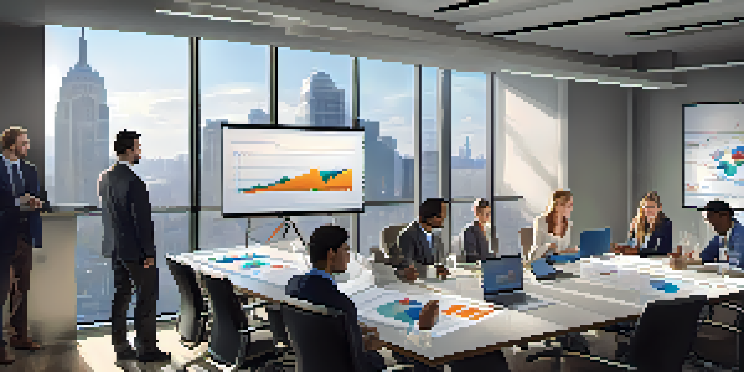 A diverse group of professionals in a bright office space discussing budget variance analysis with charts projected on a screen.