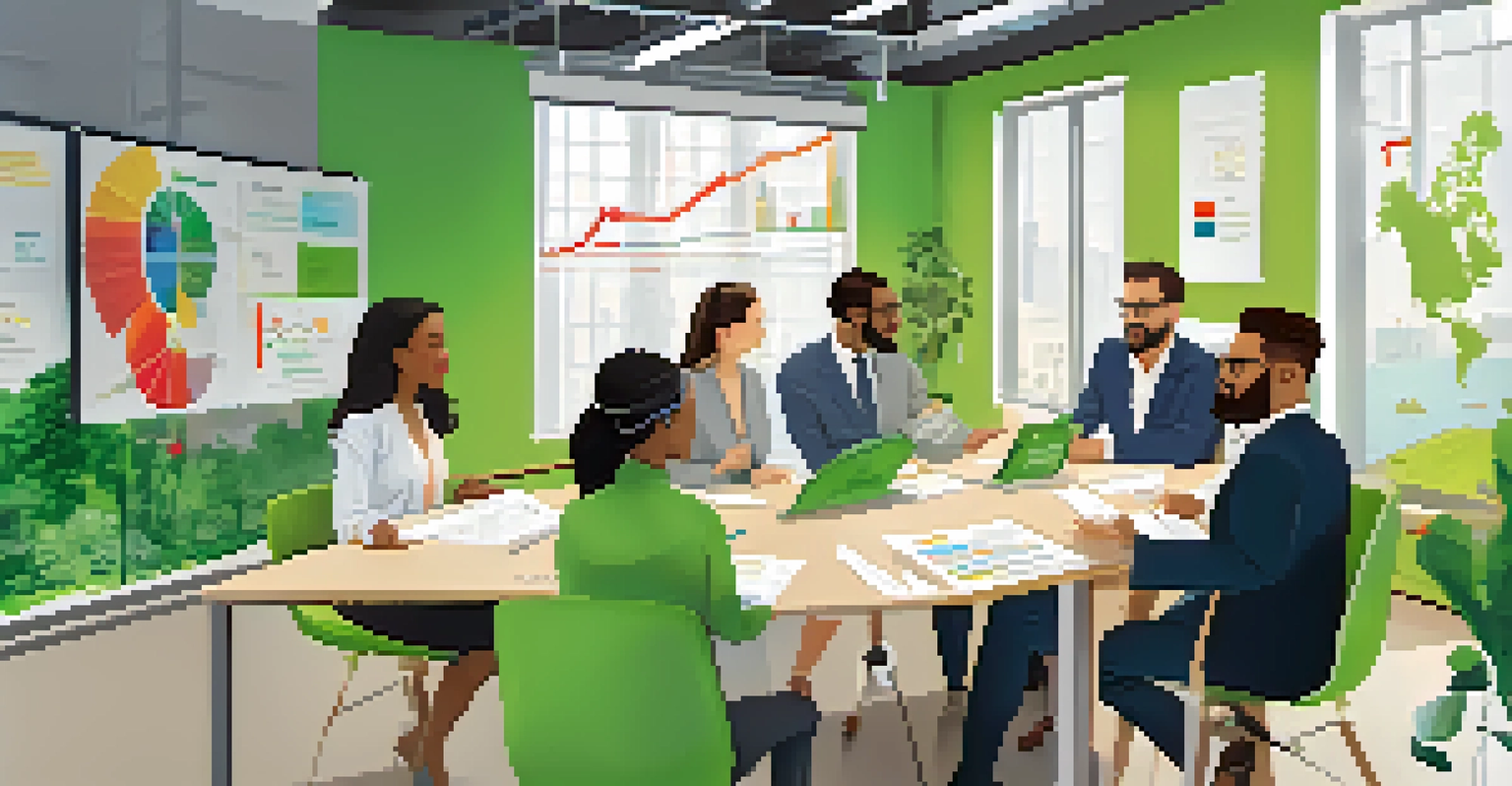 A group of people in an office discussing green supply chain strategies with charts on the walls.