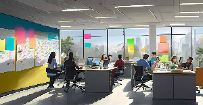 A diverse group of employees collaborating in a bright modern office, with laptops and notes scattered around a large table.