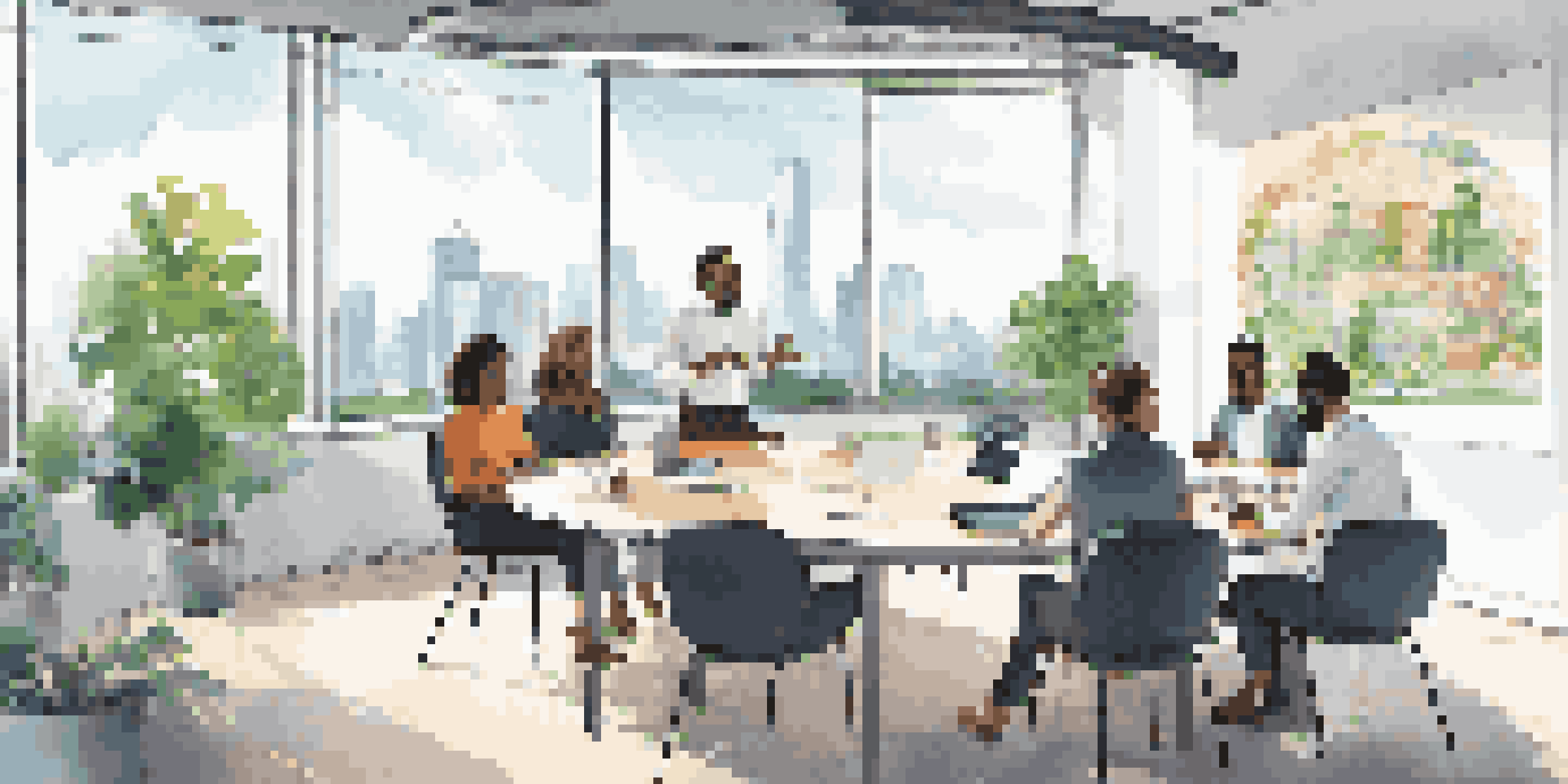 A diverse group of professionals participating in a training session in a modern office, discussing ethical marketing principles.