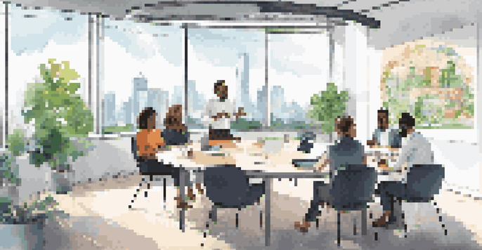 A diverse group of professionals participating in a training session in a modern office, discussing ethical marketing principles.