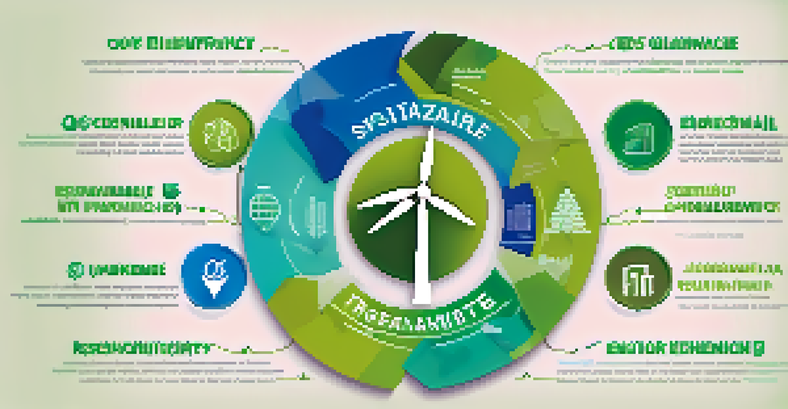 An infographic illustrating sustainable investing with icons for renewable energy, social responsibility, and environmental governance in a circular layout.