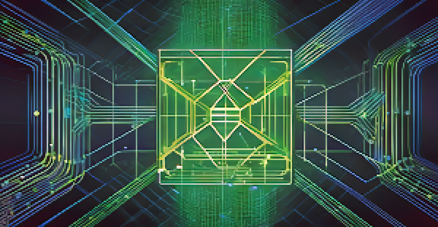 An abstract design showing interconnected nodes and glowing lines representing blockchain technology in blue and green colors.