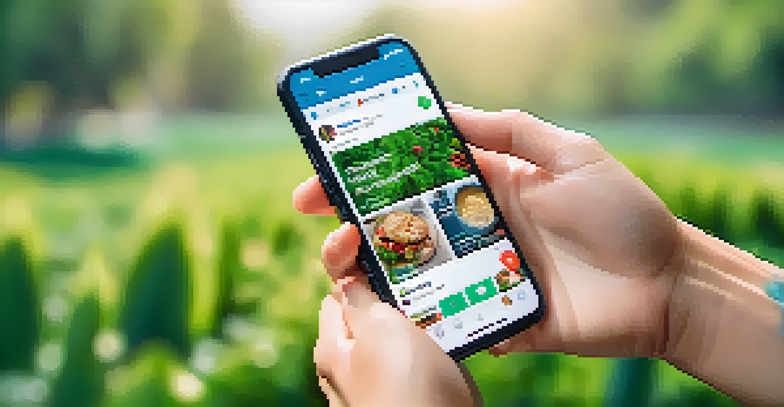 A smartphone displaying a colorful social media feed with eco-friendly content, held against a blurred green outdoor background.