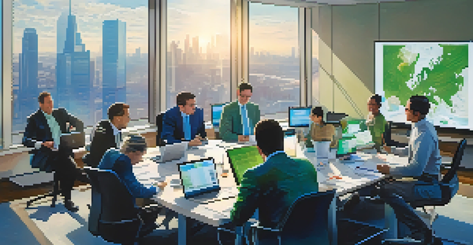 A group of business professionals collaborating around a conference table in a bright office setting with a city skyline in the background.