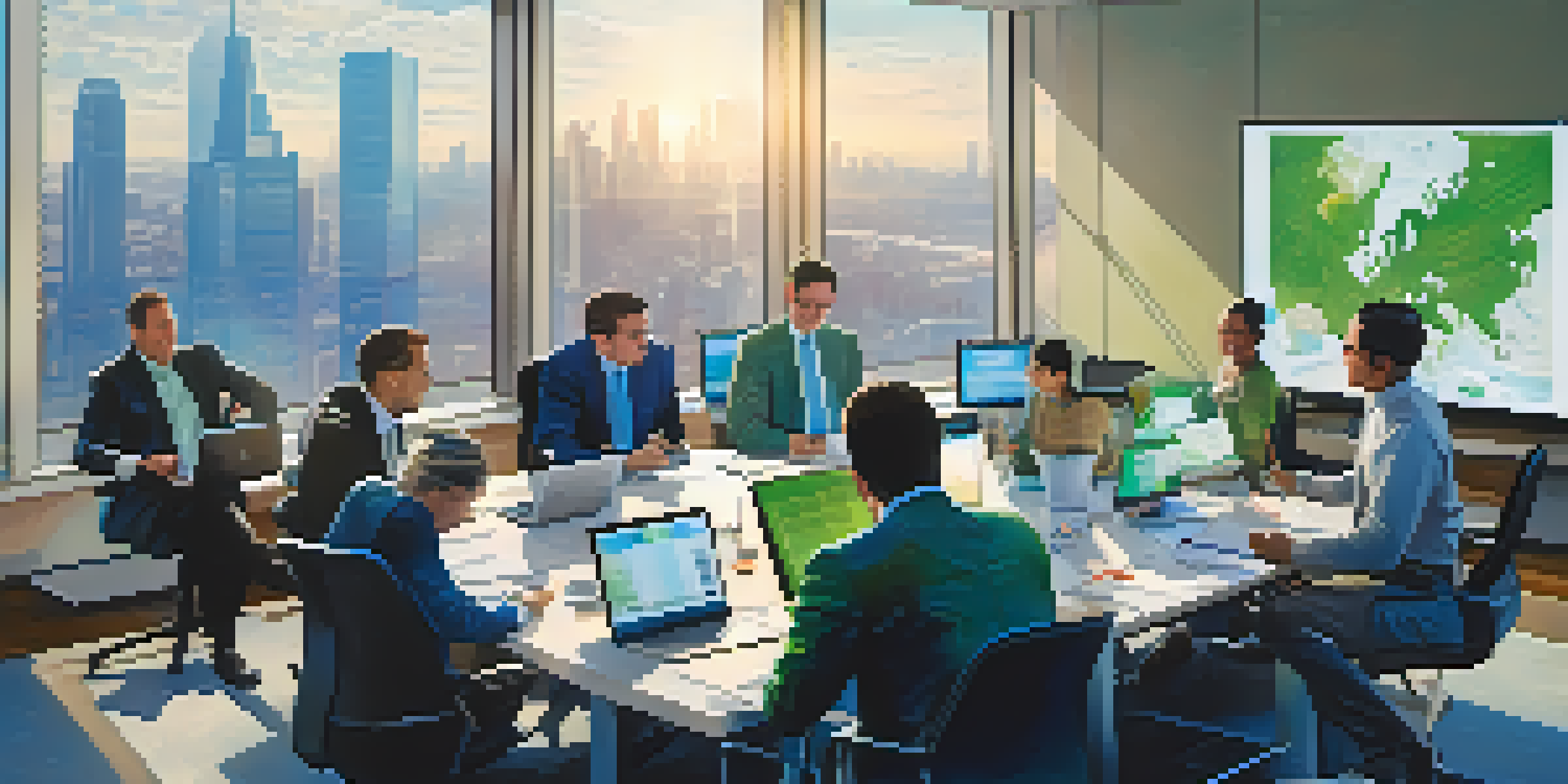 A group of business professionals collaborating around a conference table in a bright office setting with a city skyline in the background.