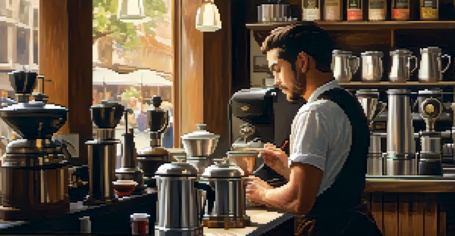 A barista preparing coffee in a rustic café with warm lighting and wooden furniture.