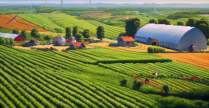 A sustainable farm landscape with organic crops, a wind turbine, and farmers working under a clear blue sky.