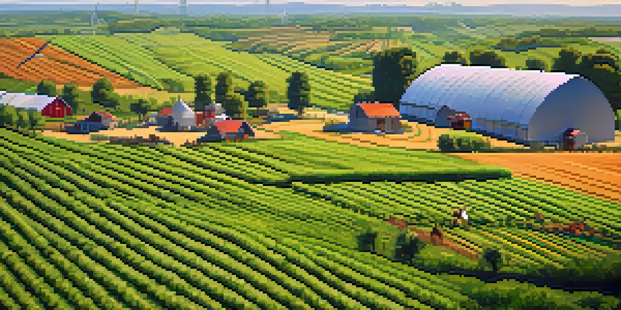 A sustainable farm landscape with organic crops, a wind turbine, and farmers working under a clear blue sky.