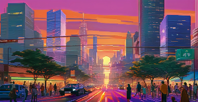 A lively city skyline at sunset, with colorful buildings and busy streets.