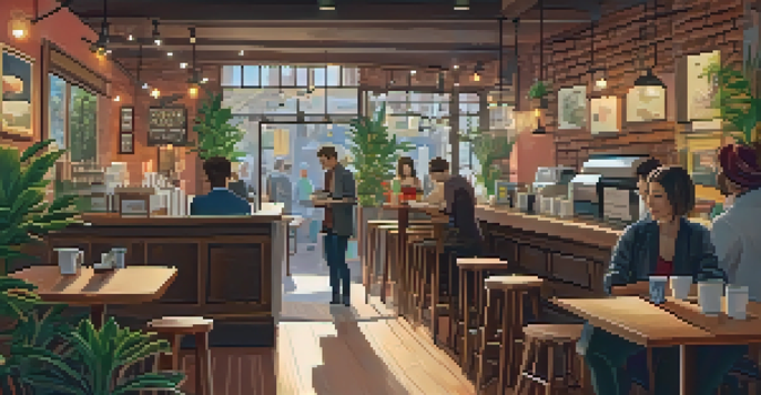 An inviting coffee shop with wooden furniture, ambient lighting, and customers enjoying their drinks.