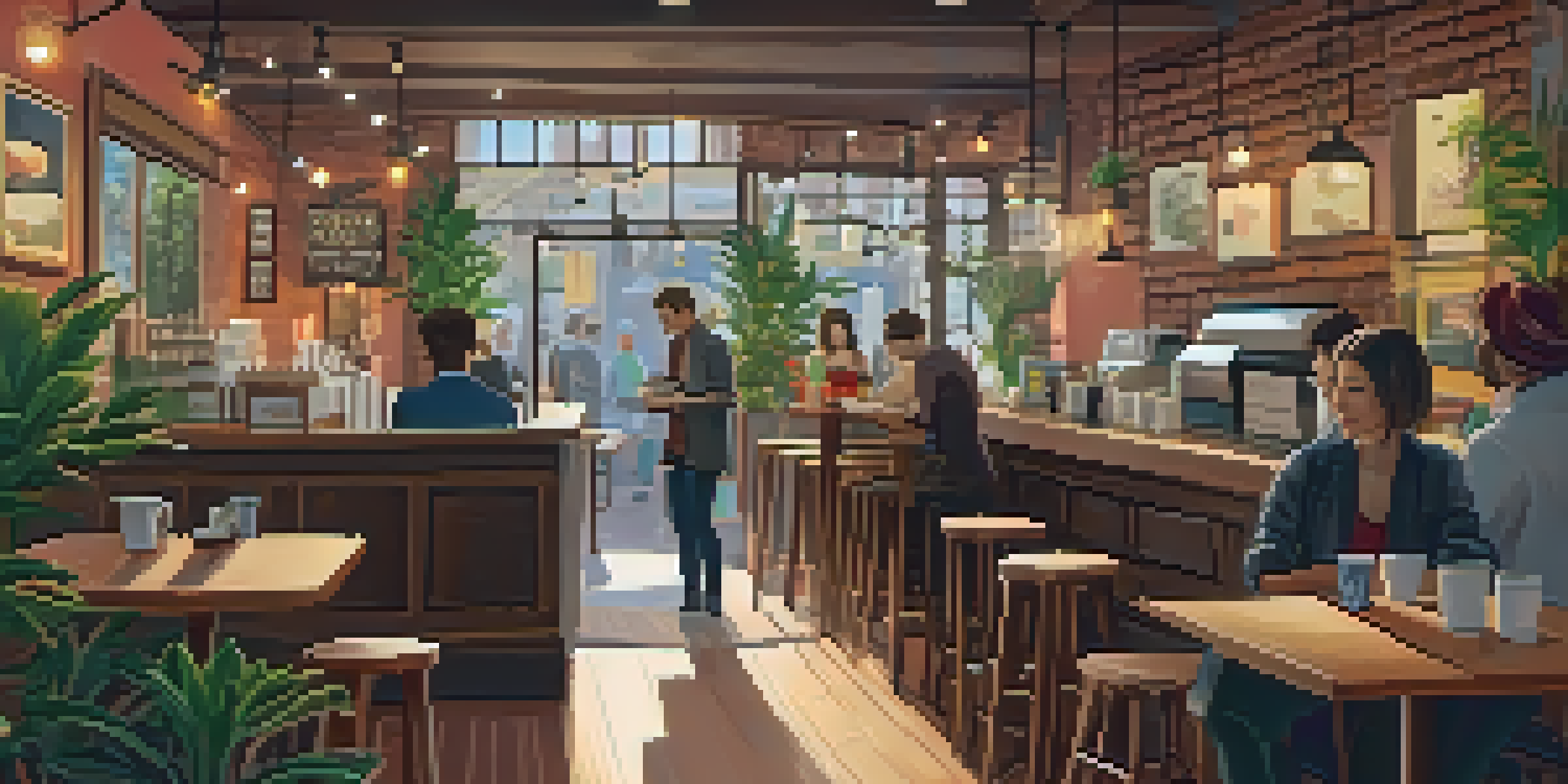An inviting coffee shop with wooden furniture, ambient lighting, and customers enjoying their drinks.
