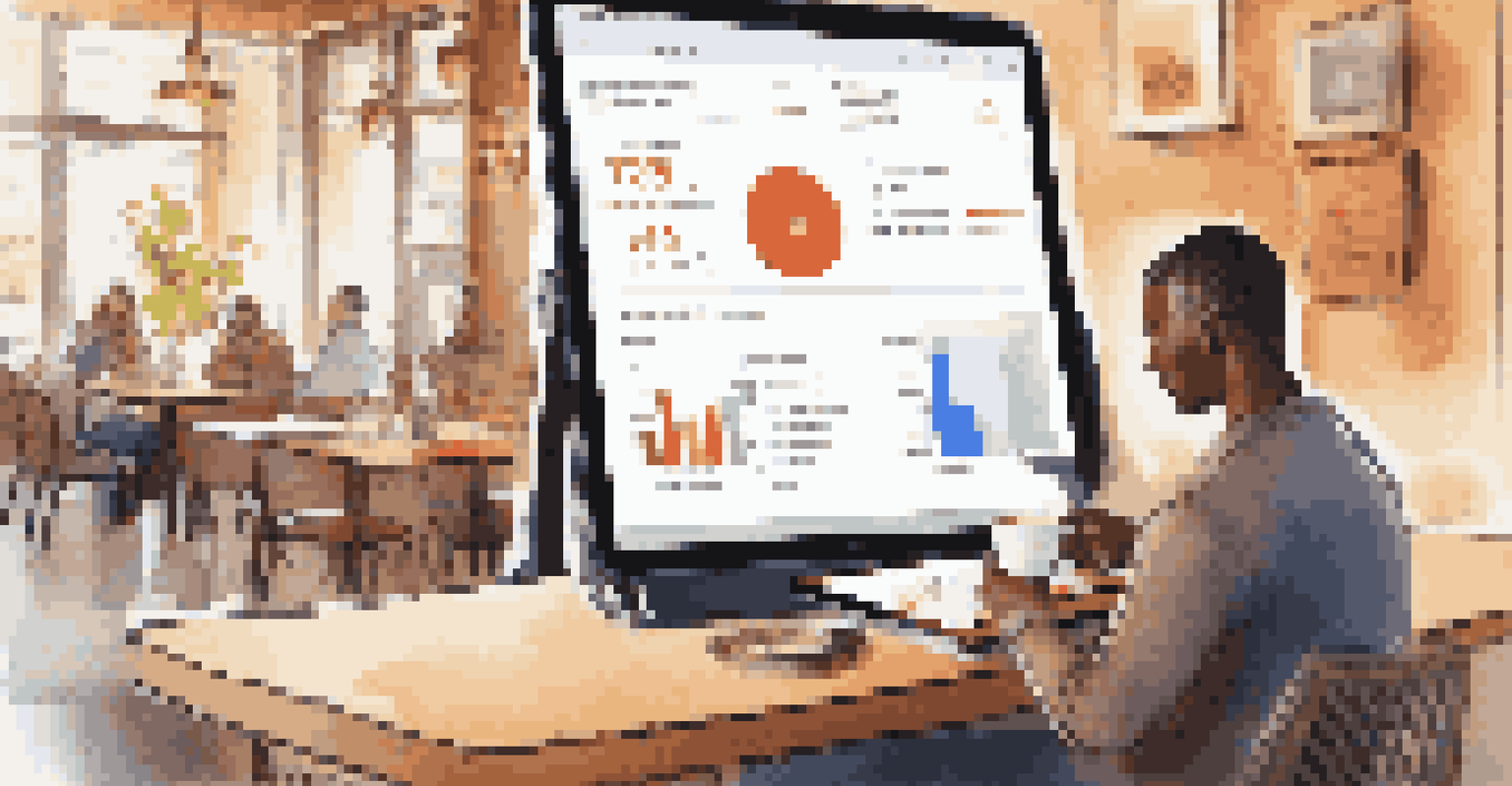 A person using a CRM tool on a tablet in a cozy café with colorful graphs displayed on the screen.