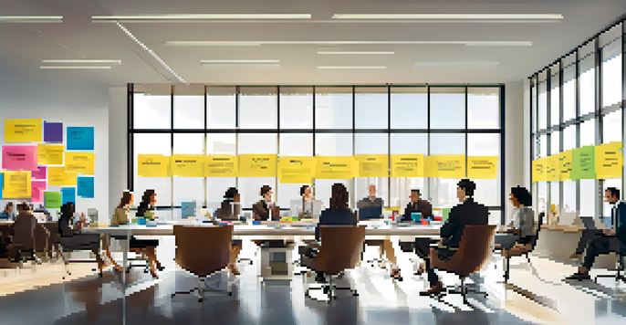 A diverse group of professionals in a bright office discussing customer feedback around a conference table with colorful post-it notes.