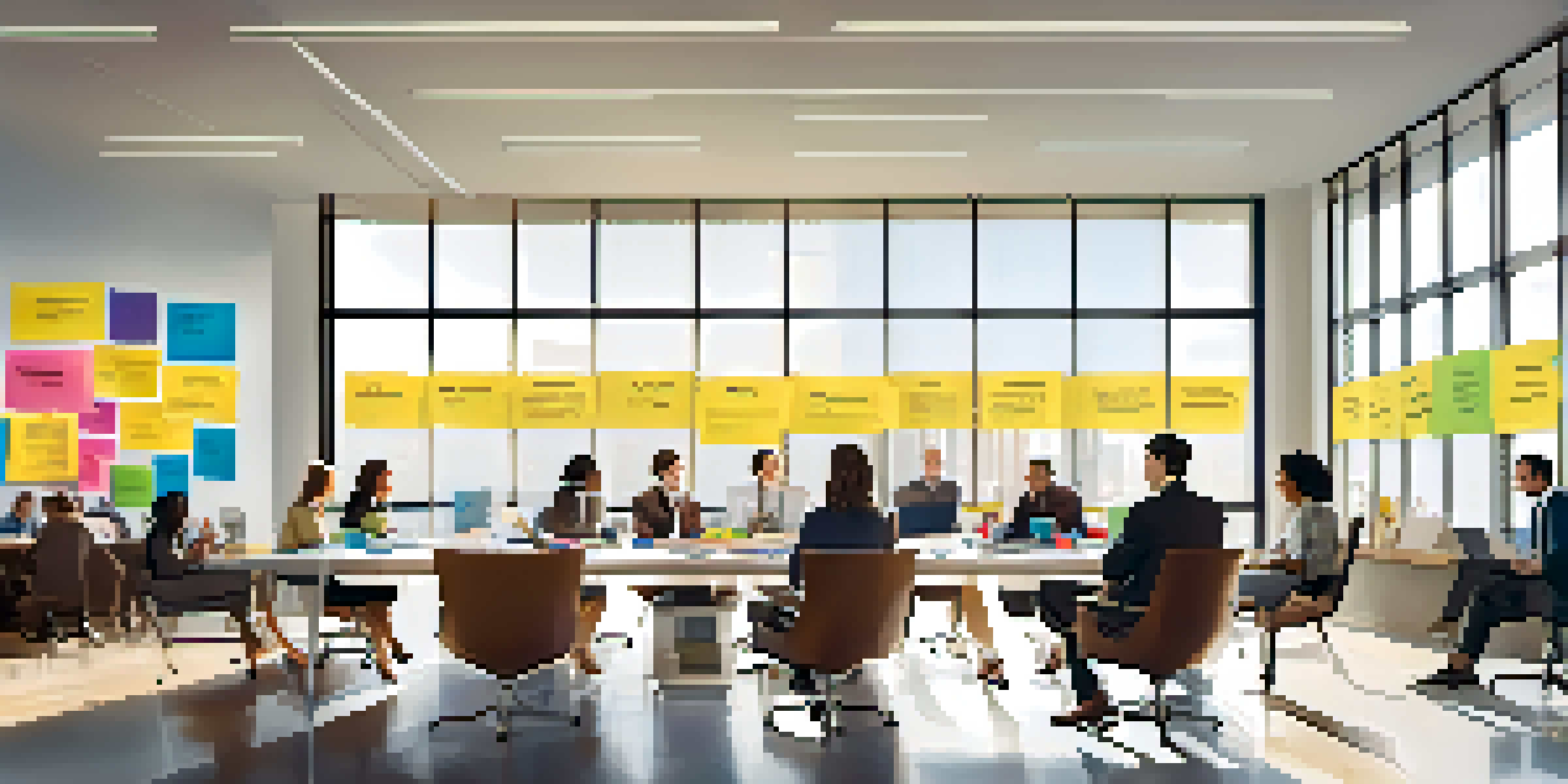 A diverse group of professionals in a bright office discussing customer feedback around a conference table with colorful post-it notes.