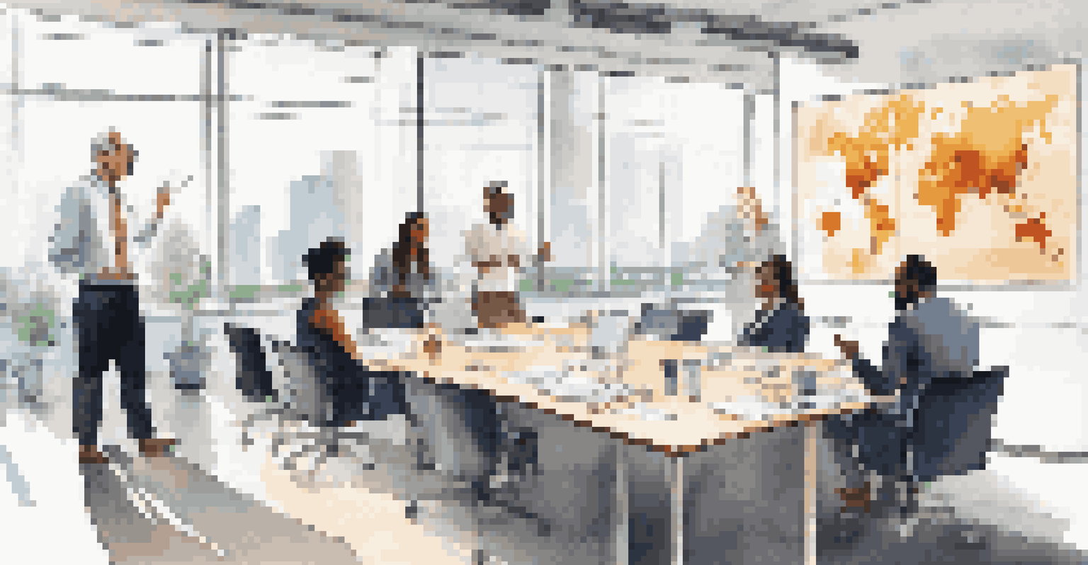 A diverse group of business professionals in a bright meeting room, discussing market trends with charts displayed on a screen.