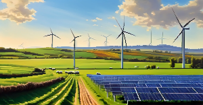 A colorful landscape featuring solar panels and wind turbines surrounded by green fields and sheep, symbolizing sustainable energy.