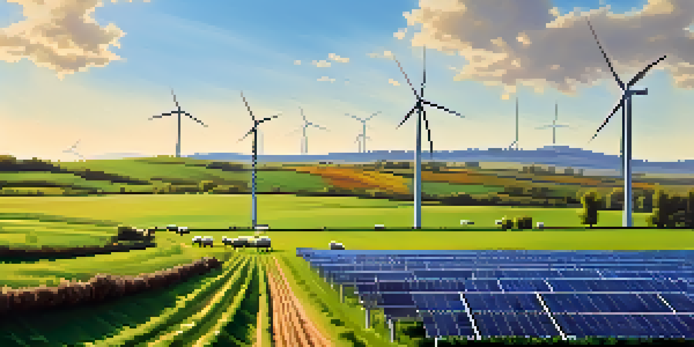 A colorful landscape featuring solar panels and wind turbines surrounded by green fields and sheep, symbolizing sustainable energy.