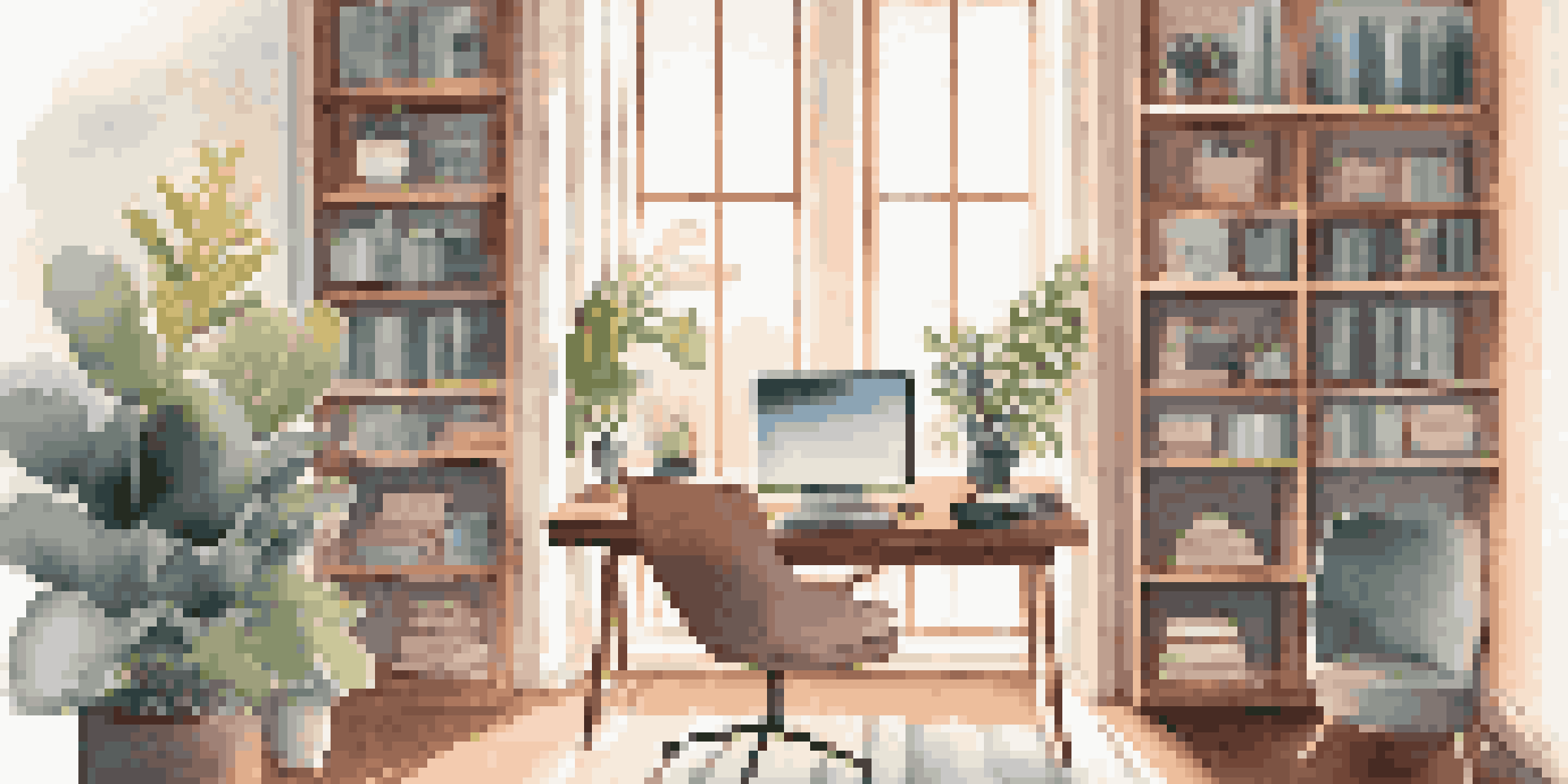 A bright and inviting home office with a desk, laptop, chair, and plants, illuminated by natural light from a large window.
