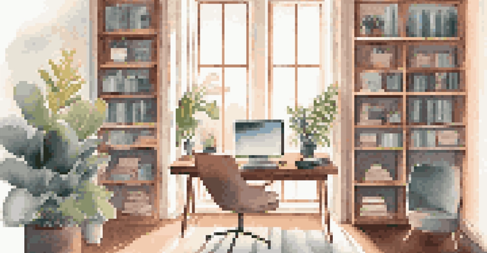 A bright and inviting home office with a desk, laptop, chair, and plants, illuminated by natural light from a large window.