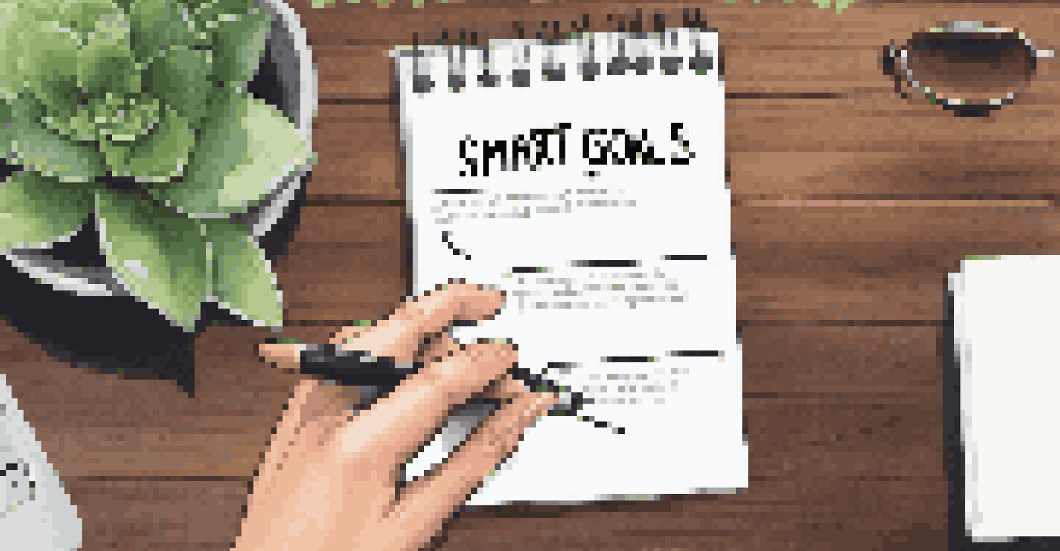 A hand writing SMART goals on a notepad with a laptop and coffee cup in the background.
