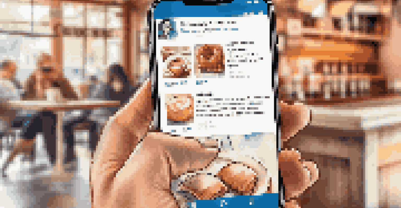 A close-up of a hand holding a smartphone displaying a LinkedIn profile in a cozy coffee shop.