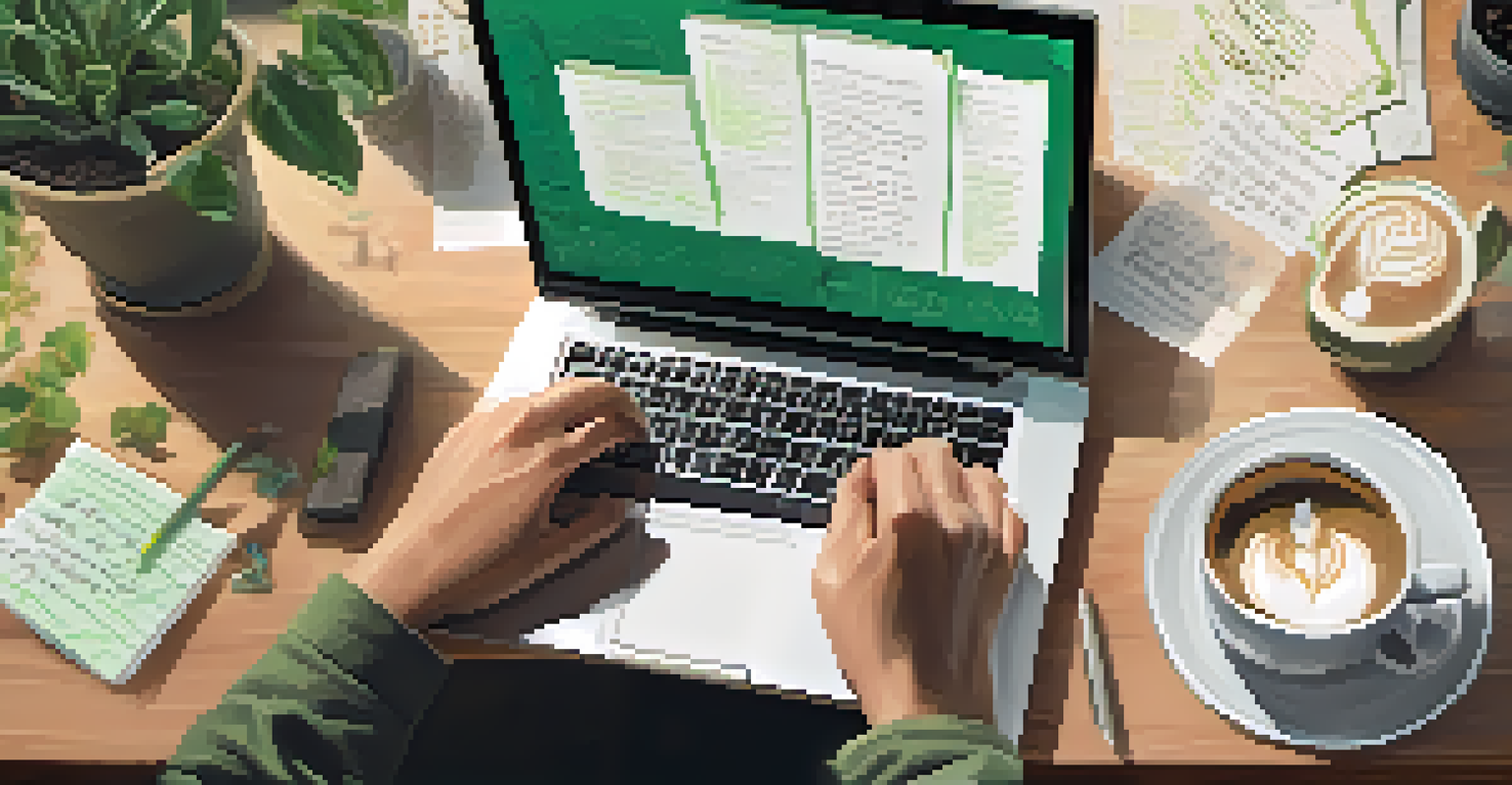 Close-up of hands typing on a laptop with motivational quotes and notes around.