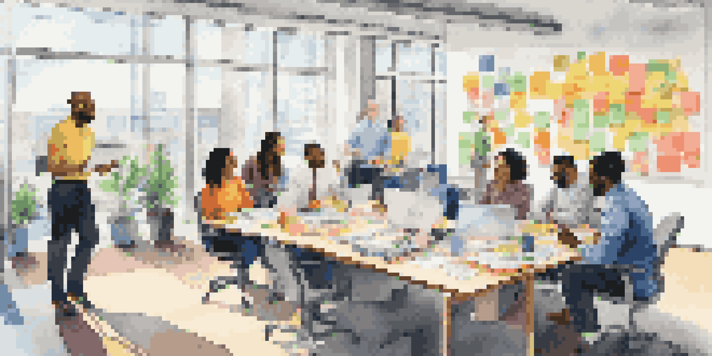A diverse group of employees working together in a bright office space with large windows, showcasing collaboration and creativity.