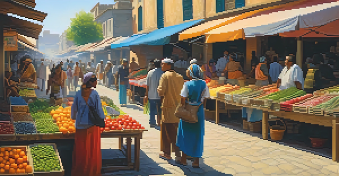 A lively marketplace with colorful stalls and diverse people trading goods, emphasizing community and interaction.