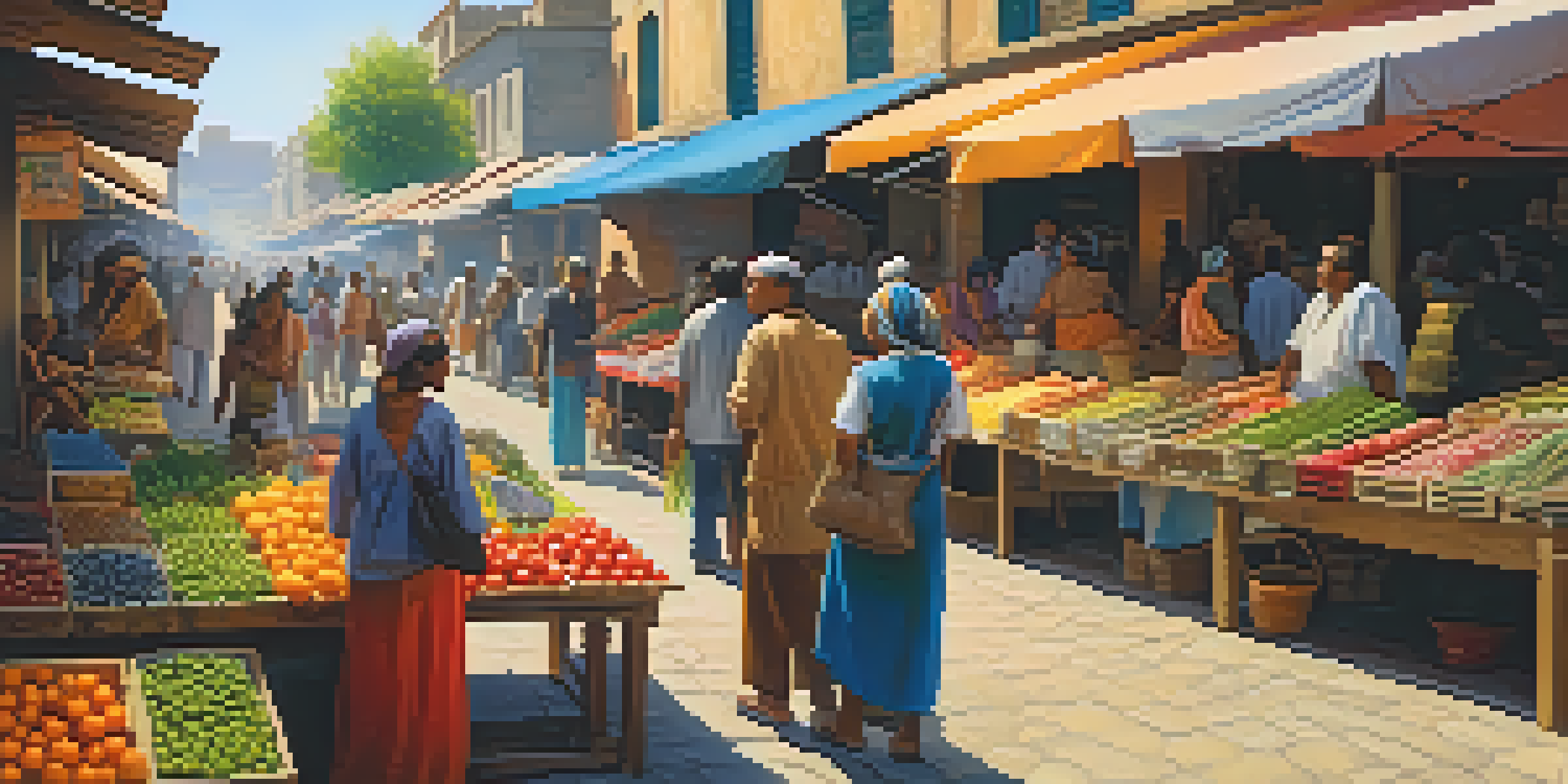 A lively marketplace with colorful stalls and diverse people trading goods, emphasizing community and interaction.