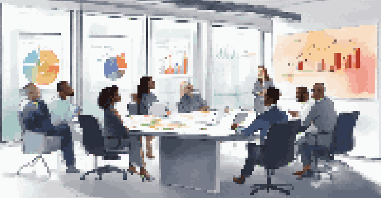 A diverse team of professionals discussing goals around a conference table, with charts displayed on a screen.