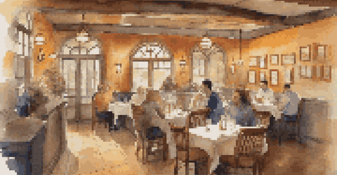 A warm and inviting restaurant interior with customers enjoying their meals and a waiter serving food, highlighting a sense of community.