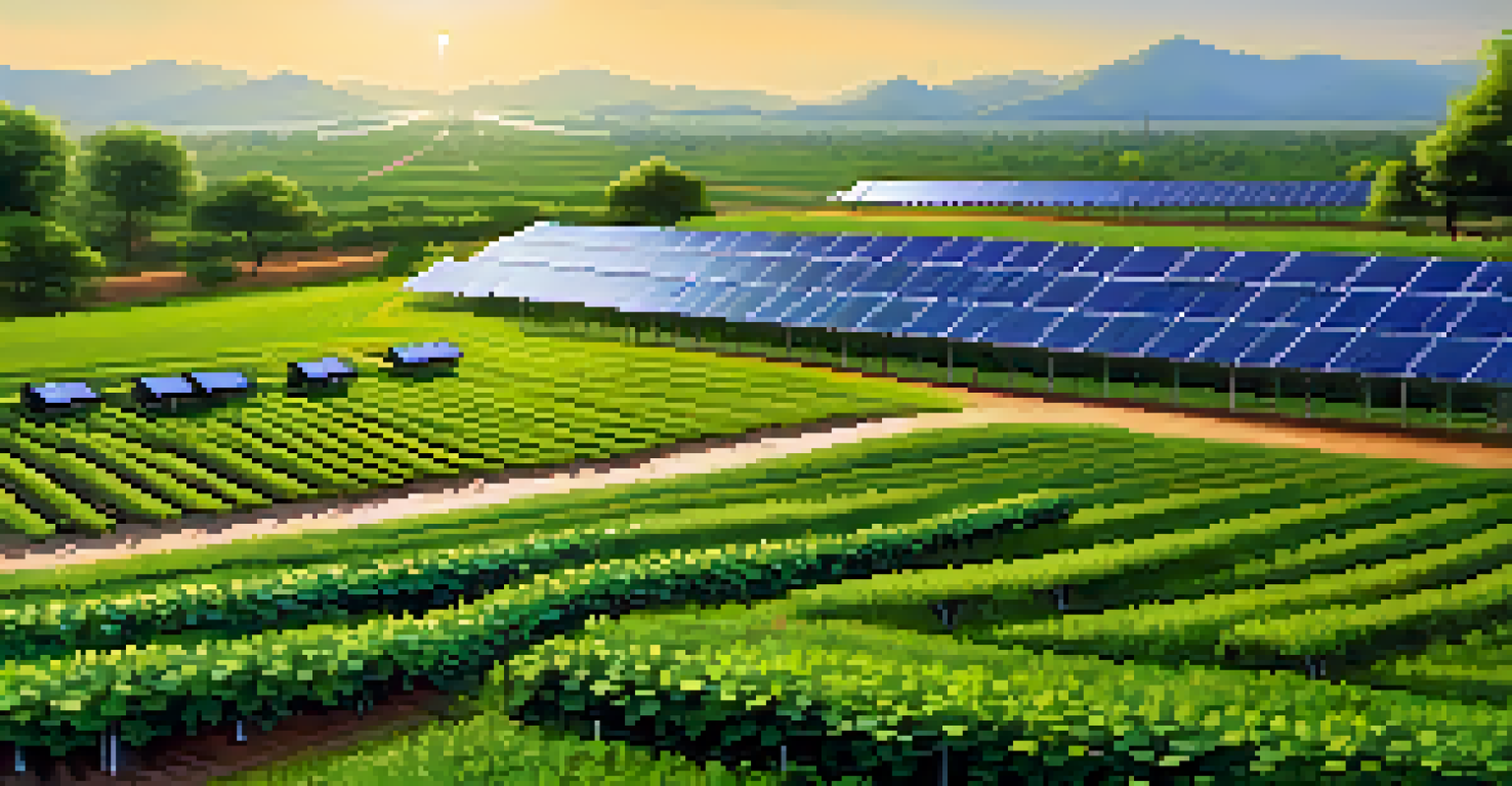 A solar energy farm in India with solar panels and green fields under a clear sky, symbolizing renewable energy.