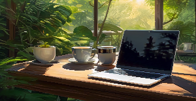 An outdoor workspace with a wooden desk, laptop, and coffee cup, surrounded by greenery and sunlight.