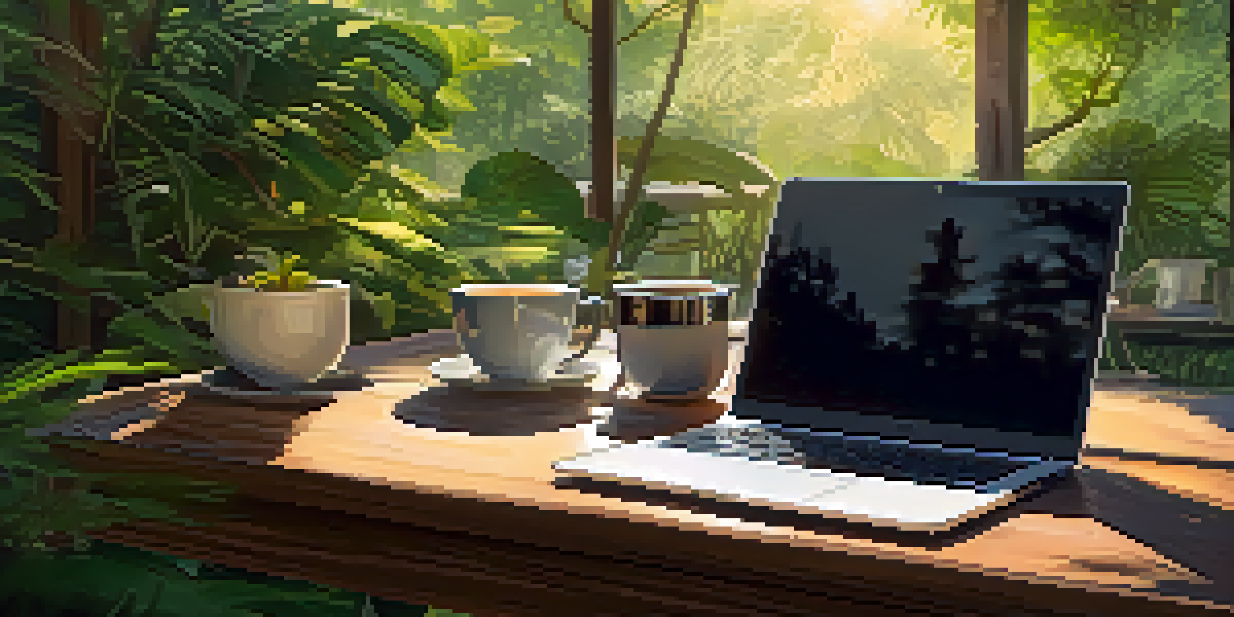 An outdoor workspace with a wooden desk, laptop, and coffee cup, surrounded by greenery and sunlight.