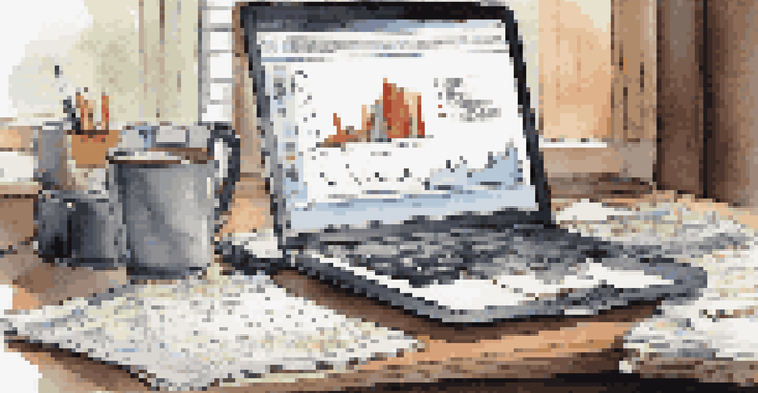 A financial analyst's workspace with a laptop displaying graphs, financial reports, a coffee mug, and a notepad, illuminated by soft natural light.