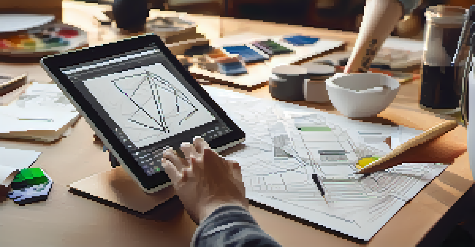 A designer sketching on a tablet surrounded by sketches and design tools in a warm-lit workspace.