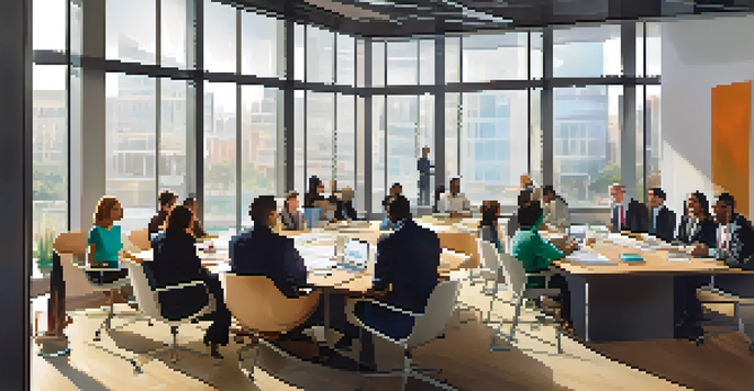 A diverse group of professionals in a modern office discussing ethical business practices, with natural light and motivational quotes on the walls.