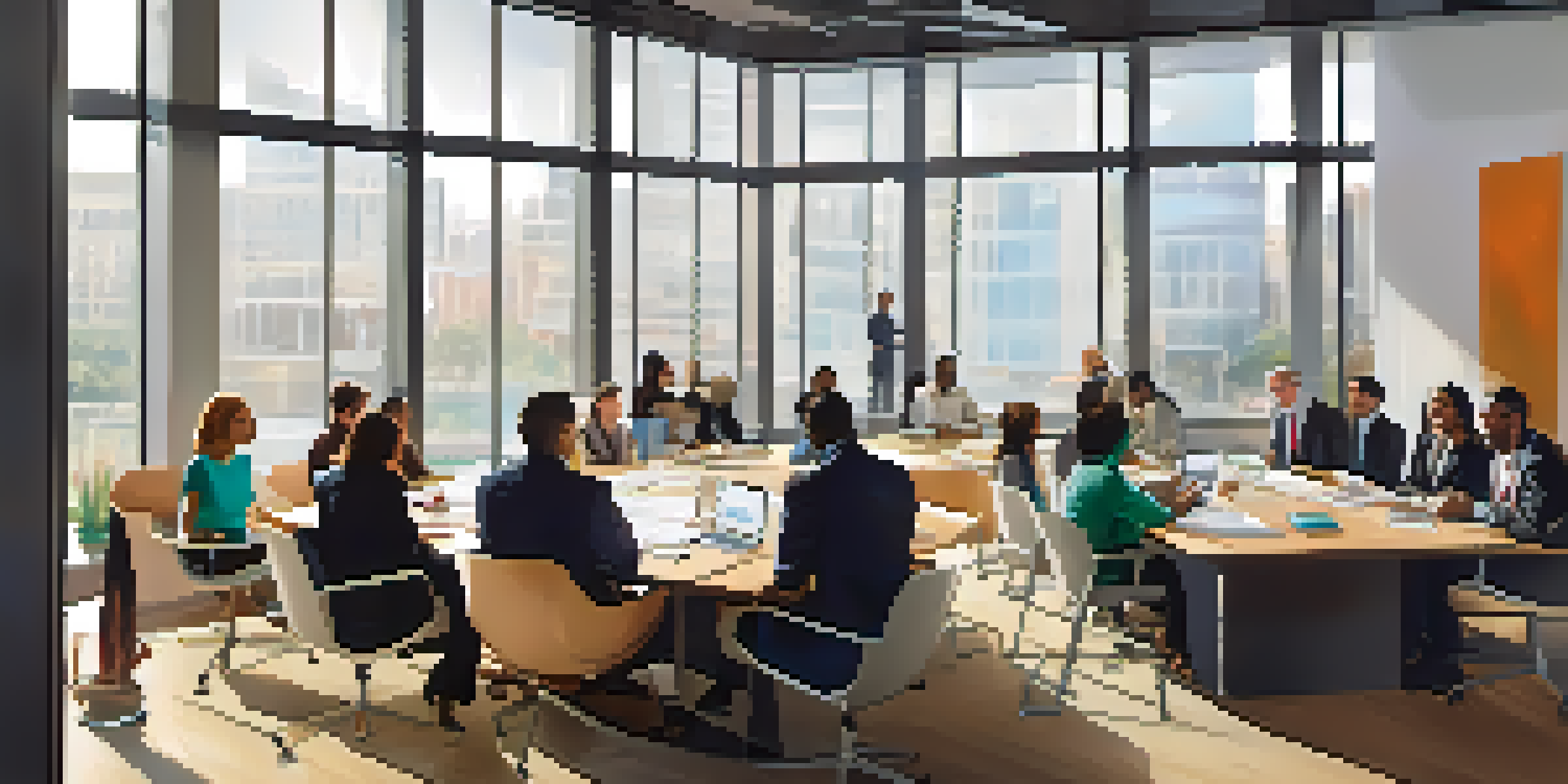 A diverse group of professionals in a modern office discussing ethical business practices, with natural light and motivational quotes on the walls.
